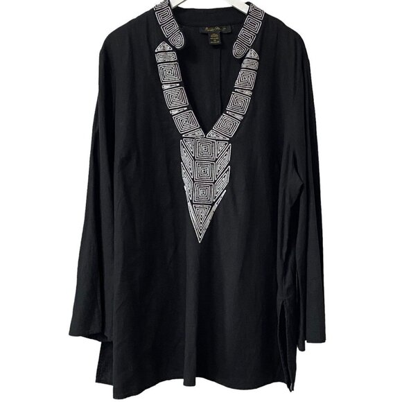 ASHLEY STEWART Top Plus Size 22 Embroidered Black Tunic Linen Blend - Picture 1 of 8